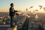A fanciful AI-generated image of a man on a rooftop, releasing a basket full of white dove. This is an allegorical representation of me releasing all my Medium stories from behind the paywall.