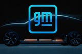 The new General Motors logo in front of a silhouette of a car.