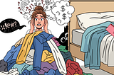 A humorous and chaotic cartoon illustration of an exasperated woman holding her head in panic next to a bed. She is completely overwhelmed by a mountain of messy clothes, open exploded luggage, a pink wallet, and an anxious black cat peeking out from the side.