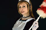 woman as maid black dress frilled apron sheer gloves duster