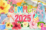 Joyous collage  with the words “Summer 2025” in bold, colorful letters.  The scene includes tropical flowers in shades of yellow, pink, and red, surfboards, a striped beach umbrella, and a swirl of soft-serve ice cream in pink, orange and teal. A blue beach bucket, a beach ball, a flamingo float, and tiki torch add to the summer feel. And there’s a hammock in the background, tied to a coconut tree.