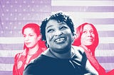 A photo collage of Susan Rice, Stacey Abrams, and Kamala Harris against a United States flag background.