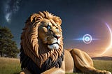 Lion lying in grassy field seemingly guarding the star portal in the background