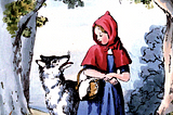 A cute watercolor illustration of Red Riding Hood and the Wolf looking at each other, as if to say, “Who are you?”