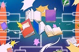 An illustration of 5 different books, some opened and others closed. Behind the books are sparkles and bracket style outline.
