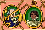 An illustration of an open locket that has James Madison’s portrait scratched out on one side, and Coreen, one the other.