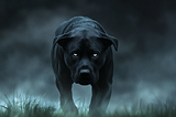 “A black dog standing in a foggy field at night, with a mysterious and eerie atmosphere. The dog’s face looks right at the camera, adding an element of intrigue to the image. The background is blurred, emphasizing the dog as the focal point.