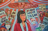 Colorful mural by BiLan, shows BiLan in the center with anti-Trump protestors in foreground.