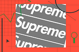 The Supreme logo replicated several times over a red background with various templated graphs and lines.