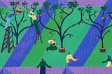 Colorful illustration of people harvesting from orchard yards.