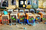 Photo of several service dogs left behind in crates in Afghanistan. A military helicopter in the background.