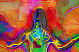 A vibrant, colorful painting of a woman. The woman is made of strokes of green, blue, yellow, green, and red. She is beautiful.