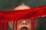 a woman with red paint dripping down her face