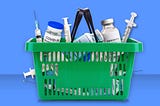 A photo illustration featuring a shopping basket filled with vials of Covid-19 vaccines and shots.