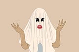 A cartoon of a women with blanket on the head to appear like a Ghost.