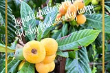 A close-up of a tree branch with green leaves and a cluster of round yellow fruit and the words ‘Loquats cluster on a tree, Fleshy fruit sweetly tangy’ superimposed.