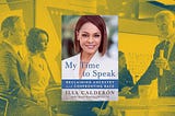 Book cover of Ilia’s book, “My Time to Speak,” against a yellow filter background photo of Ilia in the CNN newsroom.