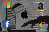 Apple, Microsoft, Amazon, Facebook, and Google logos superimposed over another image of a hand reaching for an open laptop.