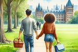 A watercolor image of two college students, a White male, and a Black female, walking away holding hands in the park with him holding a picnic basket and her a briefcase.