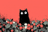A wide-eyed black cat sits among a patch of strawberries, its curious expression contrasting with the bright red background. Lush green leaves frame the scene, while red and white strawberries surround the cat, creating a whimsical and striking composition.