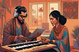 A man and a woman sat together by a piano keyboard, engaging in a musical interaction. The man is wearing headphones and holding a tablet, whilst the woman, dressed in ethnic clothing, sits on the other side of the keyboard.