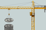 A construction crane creating a vertical stack of quarters.