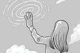 A long-haired person reaching toward the sky; ripples radiate from their hand. Everything is monochromatic gray.
