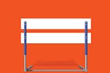 A white-and-blue hurdle casting a shadow on a flat orange background.