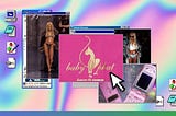 Pink Baby Phat logo with images of Lil Kim modeling for the fashion show with a pink flip phone on Windows 95 desktop.