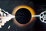 A chalk “drawing”, a funnel of typewriter letters from the left feed into a solar eclipse and feed out into a movie film reel