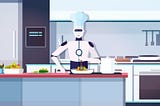 An illustration of a robotic chefs preparing food in kitchen.