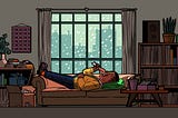 A Black person, lying on a couch in front of a window showing a snowy cityscape, eating a chicken drumstick.