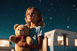 A young girl hold a teddy bear standing near a trailer park in the desert at night.