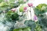 AI-generated artwork of long-stemmed, pink water lilies rising above green lily pads surrounded by mist.