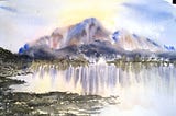 Watercolor of mountain in the distance with water in foreground