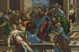 A slight zoom in on part of an El Greco oil painting in which Jesus wields a whip in a crowded plaza while a lot of people in robes cringe away from him.