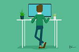 Illustration of man working at a standing desk on a computer.