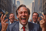 Picture of greedy men laughing evilly in front of a table loaded with money.