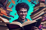 An AI image generated with the prompt “A young man happily reading multiple books while multi-tasking with extra pairs of arms, creative, artistic, slightly psychedelic, zoomed out, 8k”