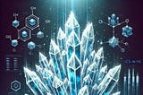 a blue shaded image of crystals in the center and molecular formulas in the background