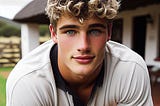 A close-up of an 18-year-old blond,  good-looking guy  with blue eyes looking at someone across a fence.