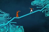 Two glowing circuit boards are connected by one pathway across a yawning gulf. A woman in a red dress stands at one of end of this bridge with her arms out, while a woman with a ponytail runs toward her from the other end.