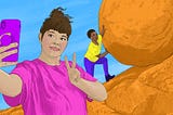 A white person taking a selfie of themself and a Black person in the background whos’ rolling a huge boulder up a mountain.