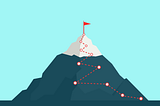 Illustration of a mountain with a red flag at its peak and a red dotted zigzag up its face, representing a trail.