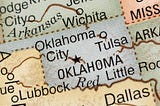 A close-up photo of Oklahoma on a map of the United States.