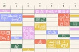 Illustration of a calendar with times blocked off with colorful images of actions/activities.