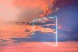 A photo of poetic neon square light against a sunset sky.