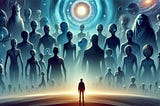 a small man looking at several gigantic aliens looking down on him