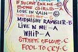 Colorful hand-written list upon a whiteboard of The Rolling Stones songs, including Fool To Cry, from part of their 2016 London exhibit Exhibitionism