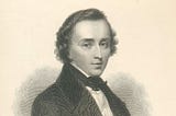 An etching of Chopin from the waist up